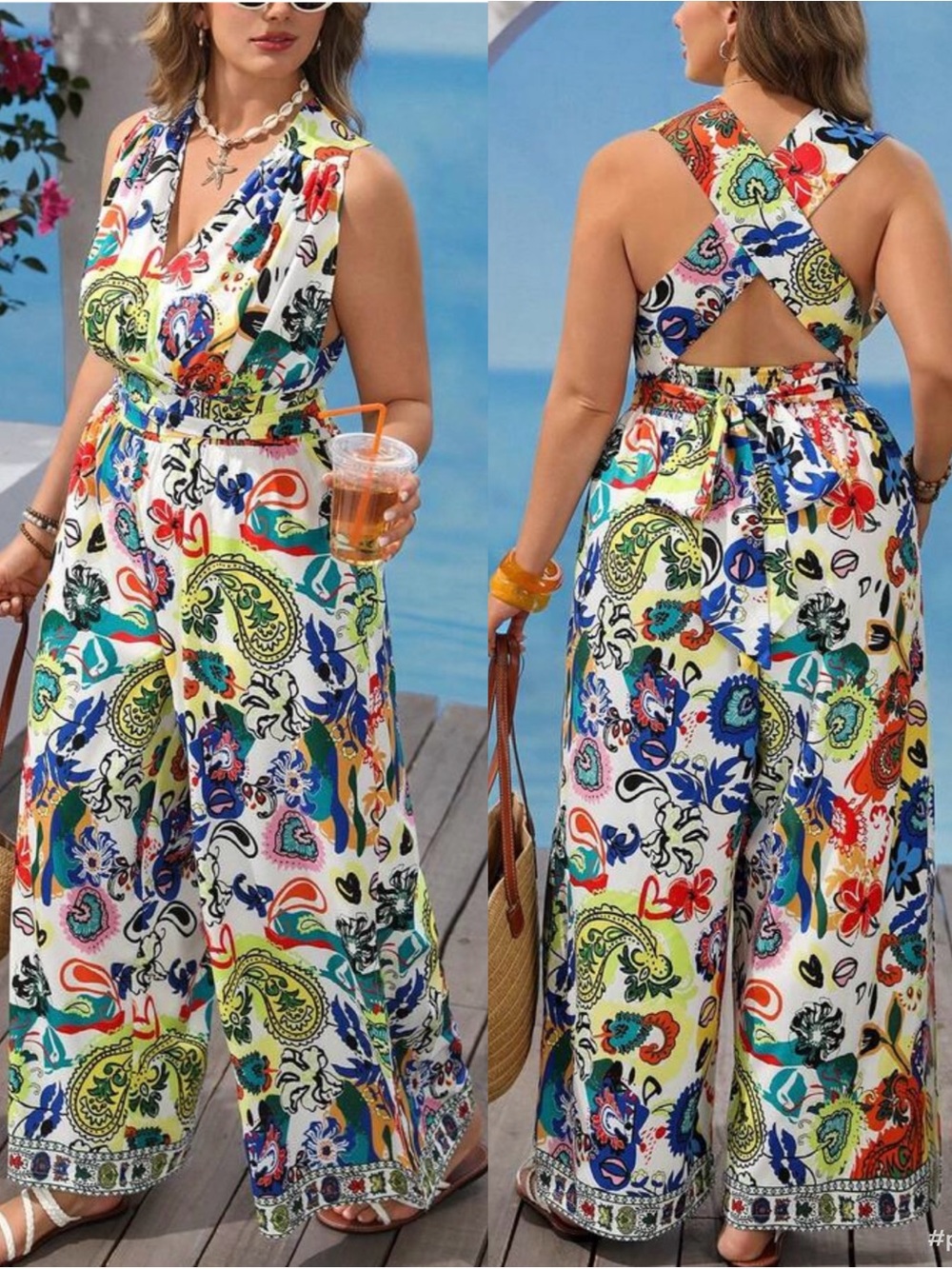 Plus Size Boho Crisscross Back Paisley Floral Slit Wide Leg Jumpsuit